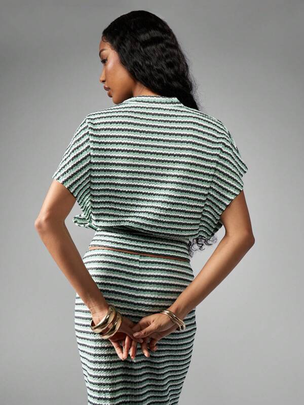 Missguided MISSGUIDED Ribbed Striped Mock Neck Short Sleeve Crop T-Shirt
