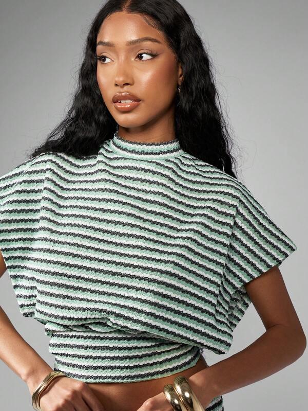 Missguided MISSGUIDED Ribbed Striped Mock Neck Short Sleeve Crop T-Shirt