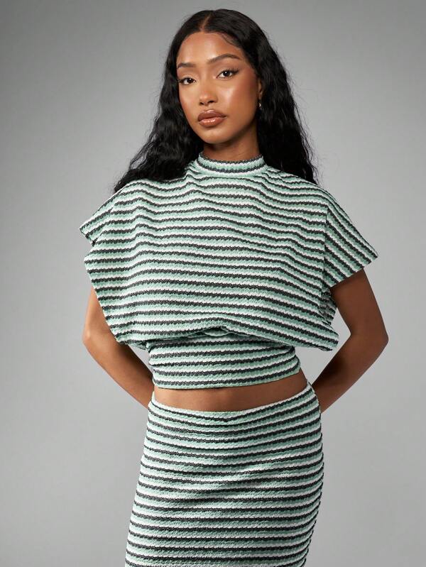 missguided MISSGUIDED Ribbed Striped Mock Neck Short Sleeve Crop T-Shirt