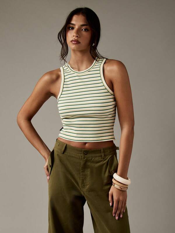 missguided MISSGUIDED Ribbed Striped Racerback Stretchy Crop Tank Top