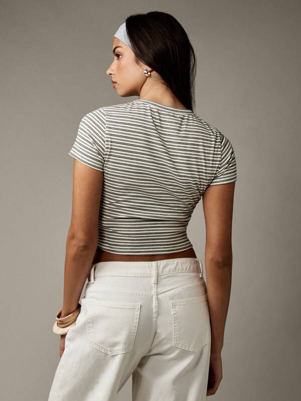 Missguided MISSGUIDED Ribbed Striped Short Sleeve Crop Tee