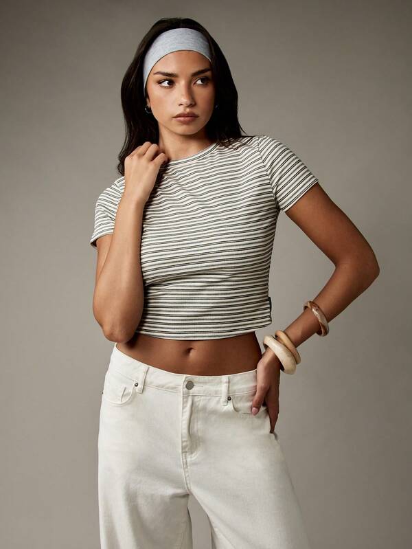 Missguided MISSGUIDED Ribbed Striped Short Sleeve Crop Tee