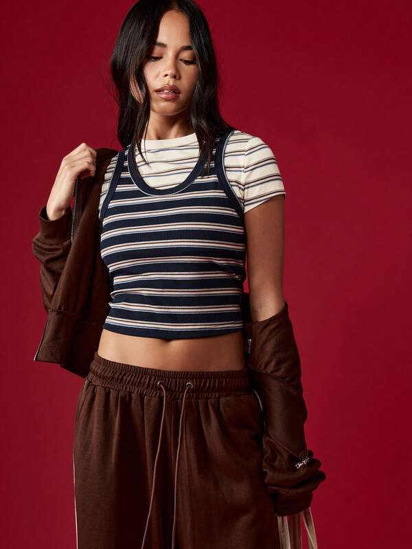 missguided MISSGUIDED Ribbed Striped Tank Top With Layered T-Shirt