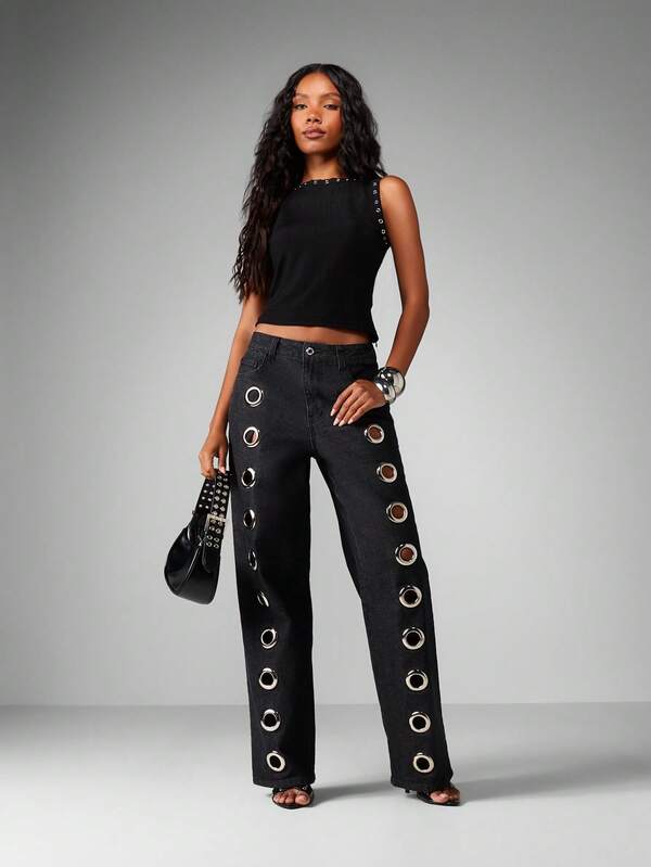 Missguided MISSGUIDED Ribbed Tank With Eyelet Trim Detail