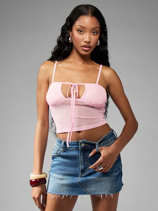 missguided MISSGUIDED Ribbed Tie Front Spaghetti Strap Camisole