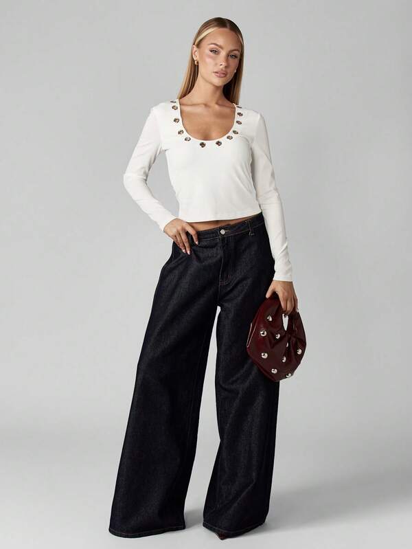 Missguided MISSGUIDED Ribbed Top With Metallic Grommet Neckline