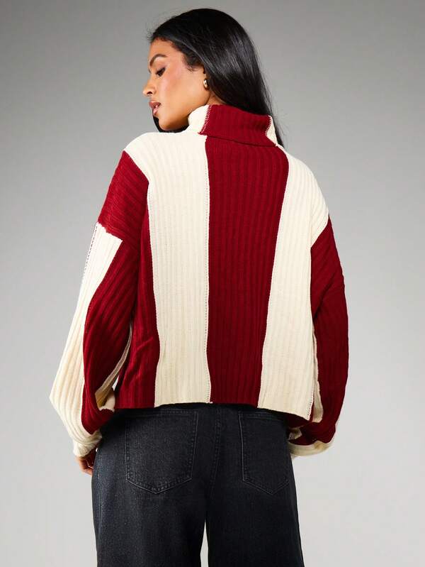 Missguided MISSGUIDED Ribbed Turtleneck Color Block Balloon Sleeve Sweater