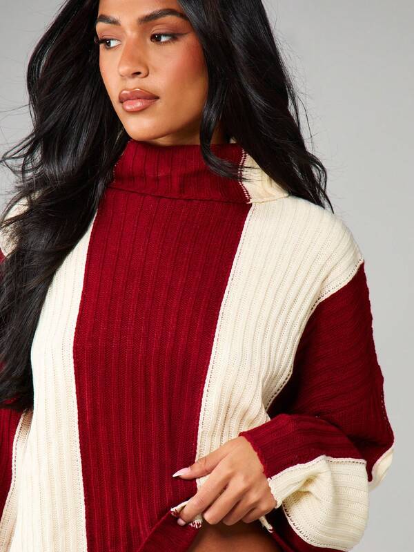 Missguided MISSGUIDED Ribbed Turtleneck Color Block Balloon Sleeve Sweater