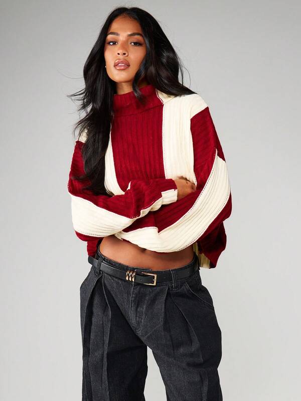 Missguided MISSGUIDED Ribbed Turtleneck Color Block Balloon Sleeve Sweater