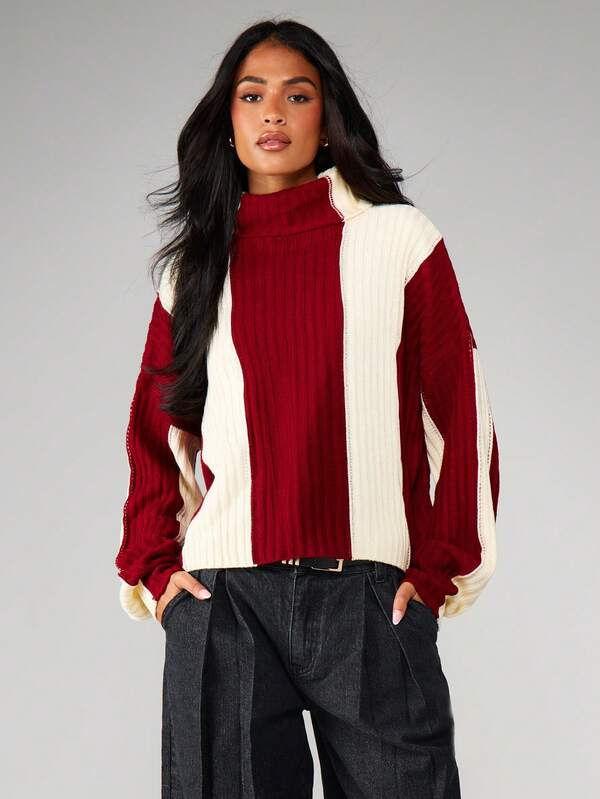 missguided MISSGUIDED Ribbed Turtleneck Color Block Balloon Sleeve Sweater