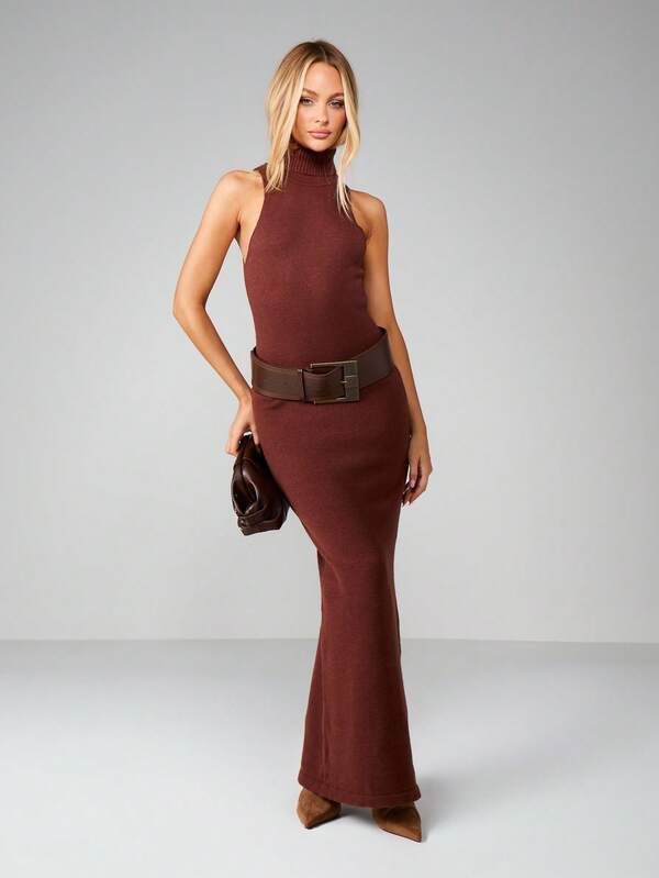 missguided MISSGUIDED Ribbed Turtleneck Sleeveless Maxi Dress