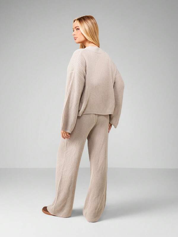 Missguided MISSGUIDED Ribbed V-Neck Cardigan With Wide Leg Pants