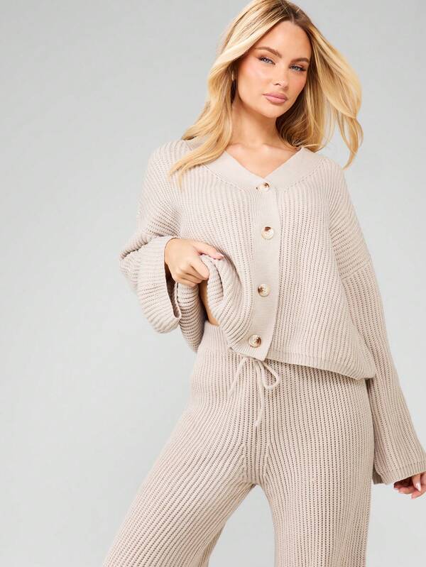 Missguided MISSGUIDED Ribbed V-Neck Cardigan With Wide Leg Pants