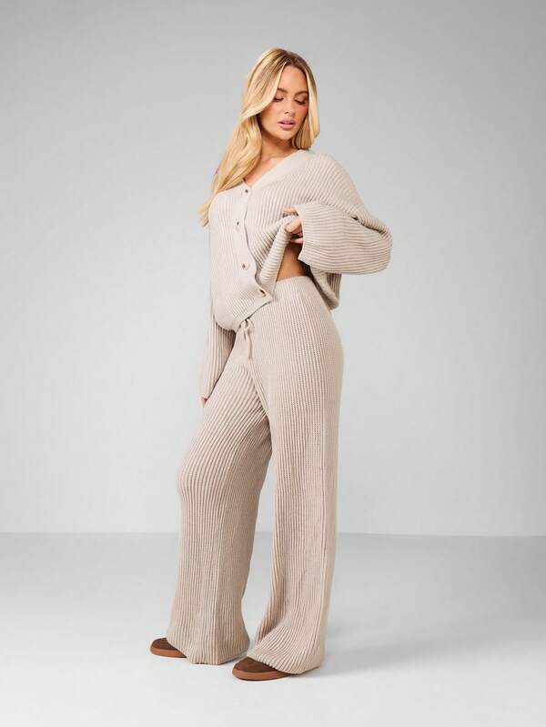 Missguided MISSGUIDED Ribbed V-Neck Cardigan With Wide Leg Pants