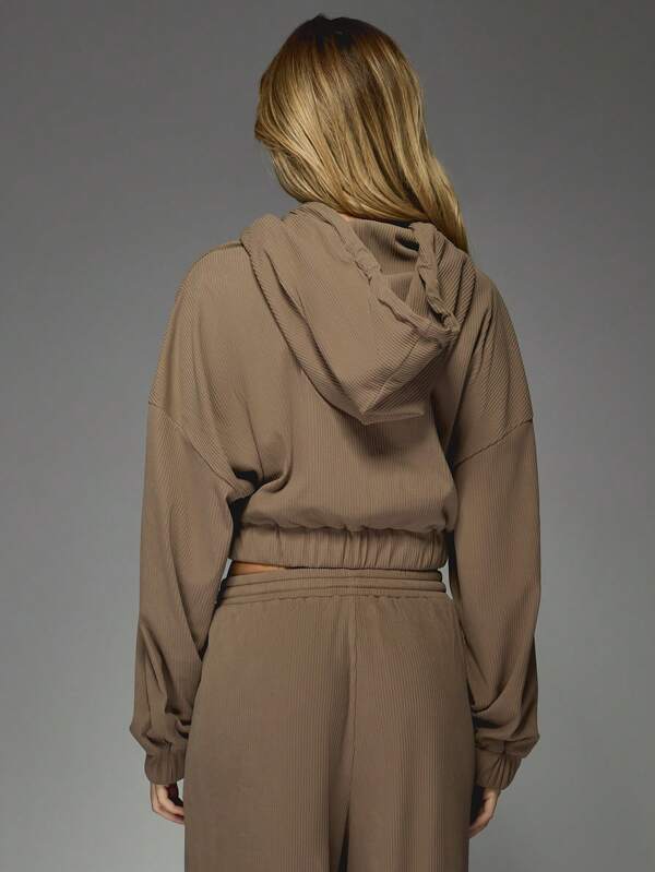 Missguided MISSGUIDED Ribbed Velour Cropped Pullover Hoodie Sweatshirt With Drawstring