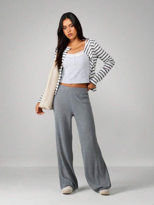 Missguided MISSGUIDED Ribbed Wide Leg Palazzo Pants