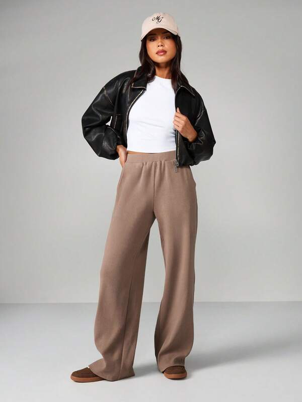 Missguided MISSGUIDED Ribbed Wide Leg Palazzo Pants