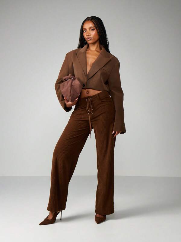 Missguided MISSGUIDED Ribbed Wide Leg Pants With Lace Up Detail