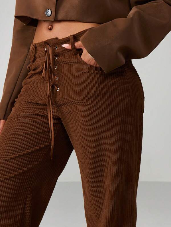 Missguided MISSGUIDED Ribbed Wide Leg Pants With Lace Up Detail