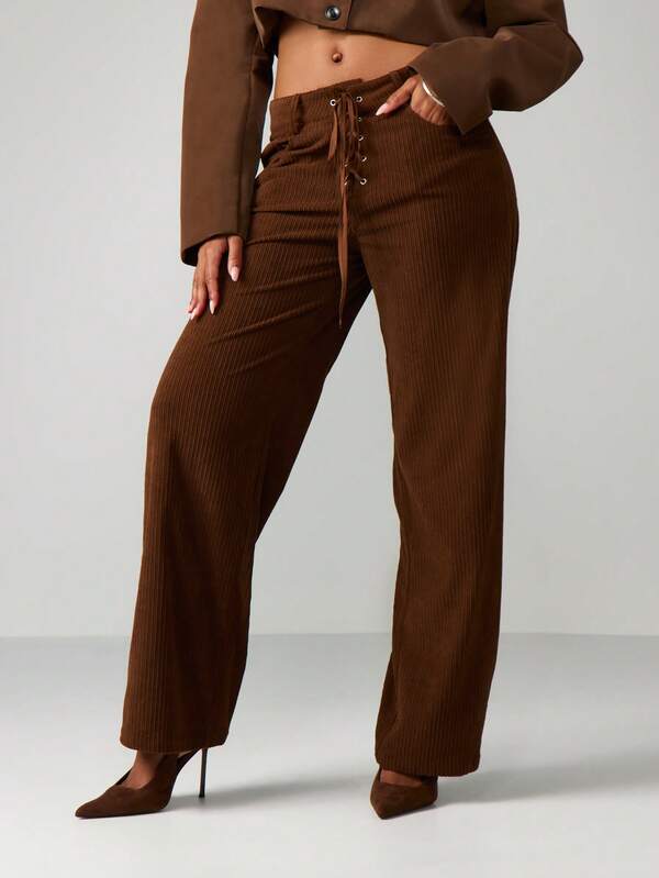 missguided MISSGUIDED Ribbed Wide Leg Pants With Lace Up Detail