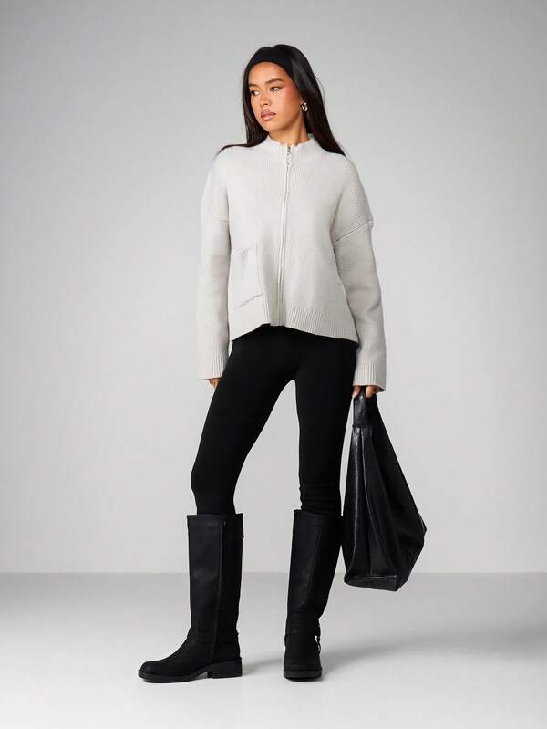 Missguided MISSGUIDED Ribbed Zip Cardigan With Stand Collar