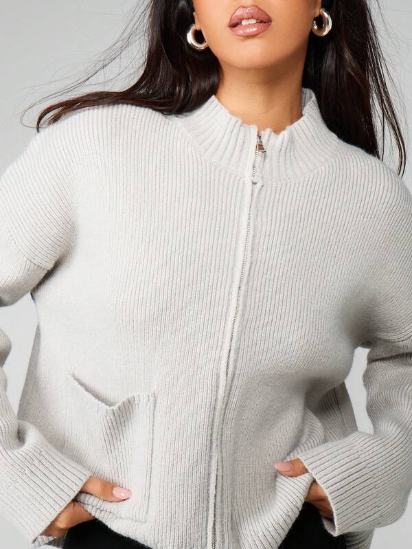 Missguided MISSGUIDED Ribbed Zip Cardigan With Stand Collar