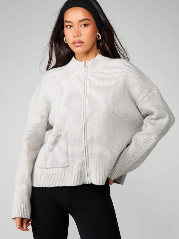 missguided MISSGUIDED Ribbed Zip Cardigan With Stand Collar