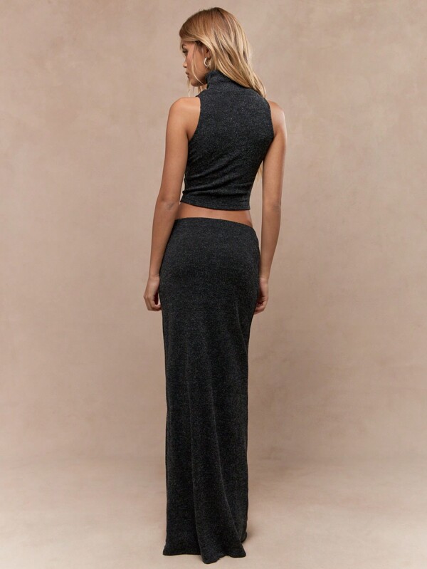 Missguided MISSGUIDED Roll Neck Knitted Co Ord With Crop Top And Maxi Skirt