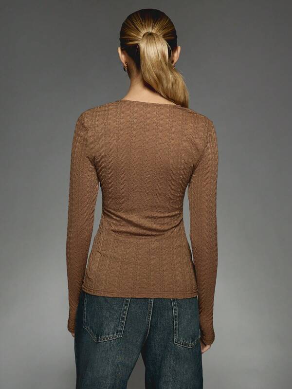 Missguided MISSGUIDED Round Neck Long Sleeve Slim Fit Textured Mesh Top