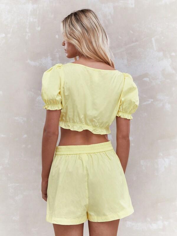 Missguided MISSGUIDED Ruched Balloon Sleeves Crop Top And Pleated Shorts Co-Ord Set