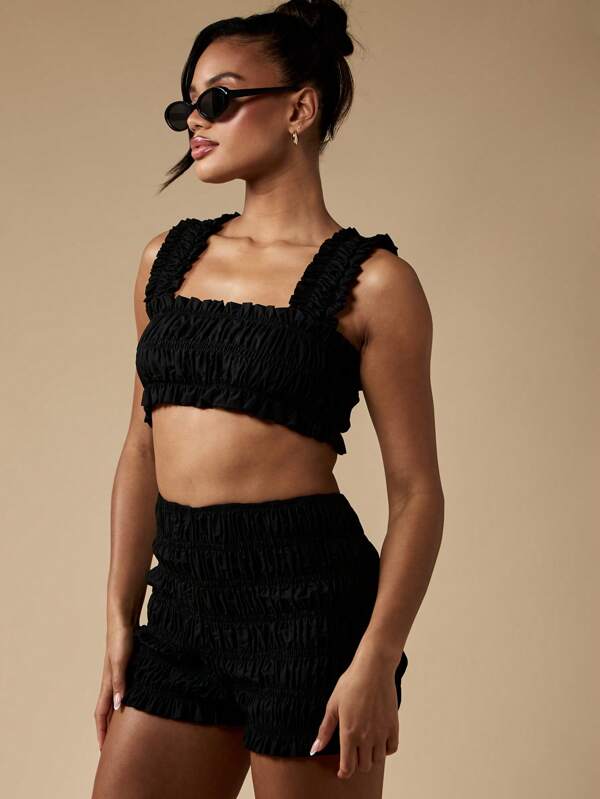 missguided MISSGUIDED Ruched Bardot Crop Top Mini Booty Short Matching Two Piece Set