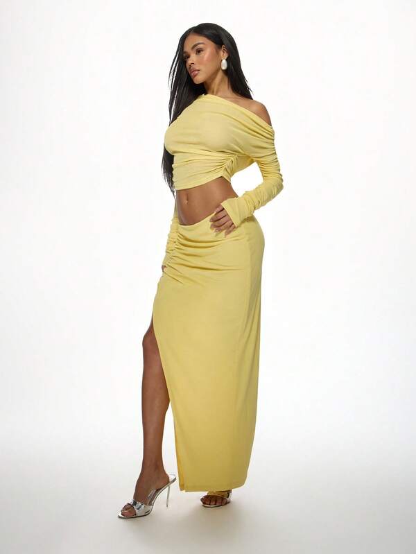 Missguided MISSGUIDED Ruched Bodycon Crop Top High Slit Maxi Skirt Set