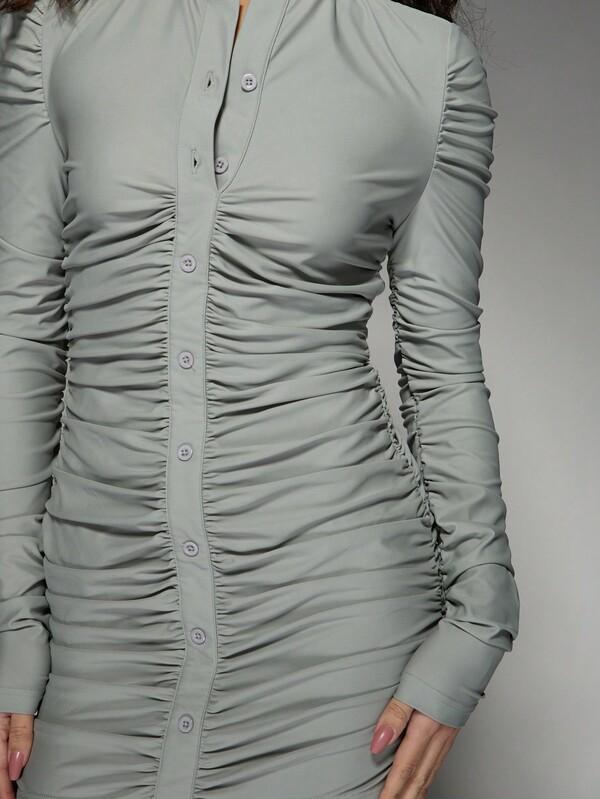 Missguided MISSGUIDED Ruched Bodycon Long Sleeve Button Front Mini Dress