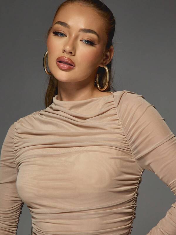 Missguided MISSGUIDED Ruched Bodycon Midi Dress With Draped Neckline