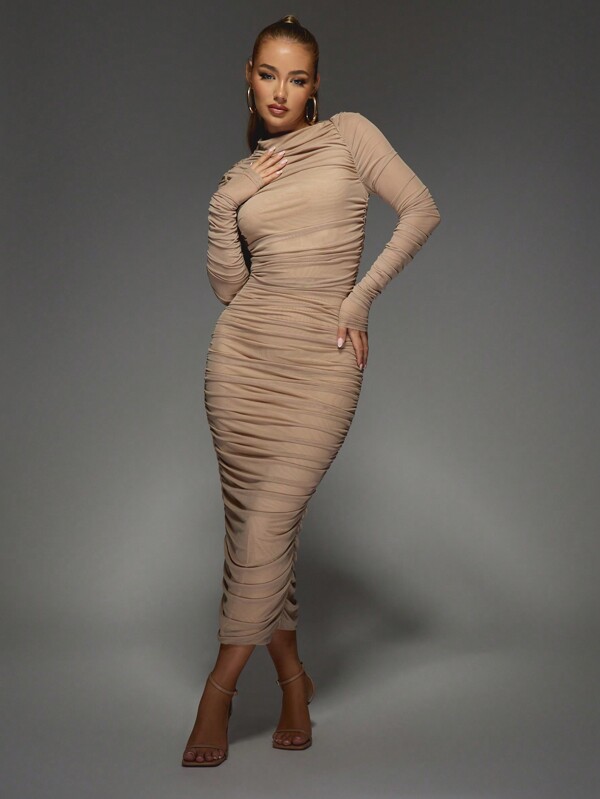 missguided MISSGUIDED Ruched Bodycon Midi Dress With Draped Neckline