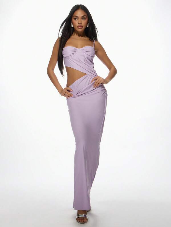 Missguided MISSGUIDED Ruched Bodycon Spaghetti Strap Cut Out Waist Floor Length Maxi Dress