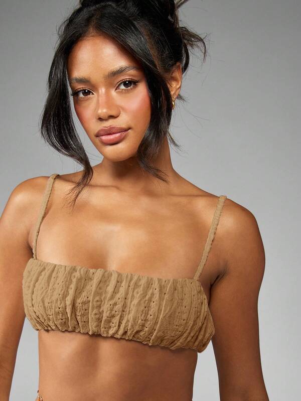 Missguided MISSGUIDED Ruched Broderie Anglaise Puffball Shorts Co Ord With Bandeau Top