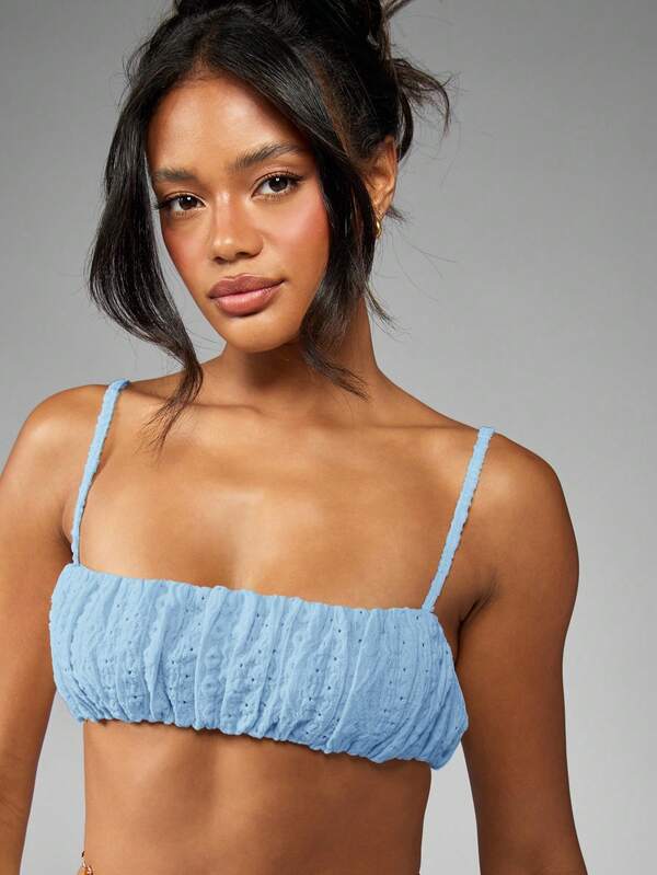 Missguided MISSGUIDED Ruched Broderie Anglaise Puffball Shorts Co Ord With Bandeau Top