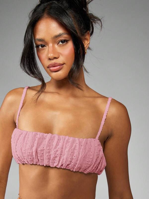 Missguided MISSGUIDED Ruched Broderie Anglaise Puffball Shorts Co Ord With Bandeau Top