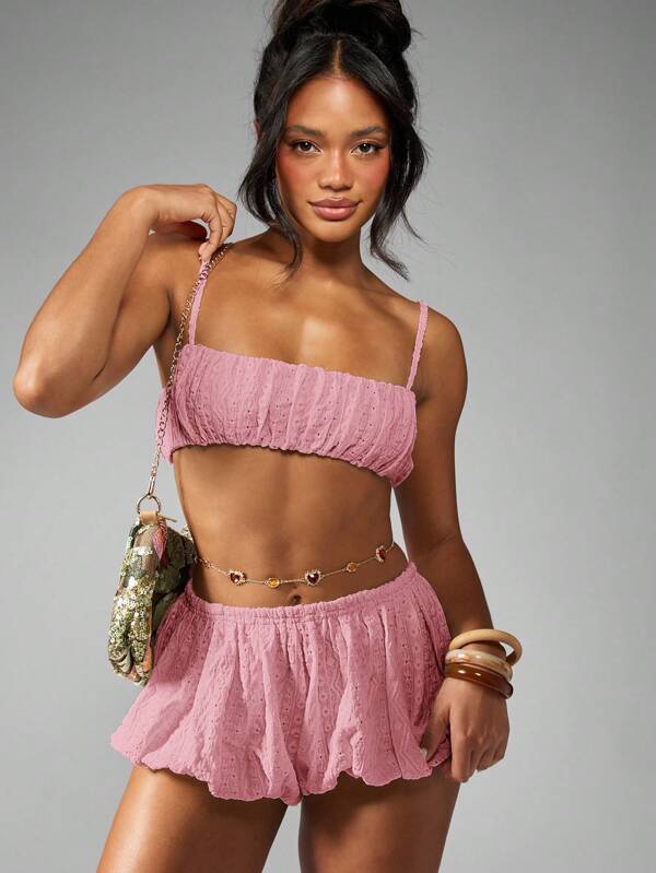 missguided MISSGUIDED Ruched Broderie Anglaise Puffball Shorts Co Ord With Bandeau Top
