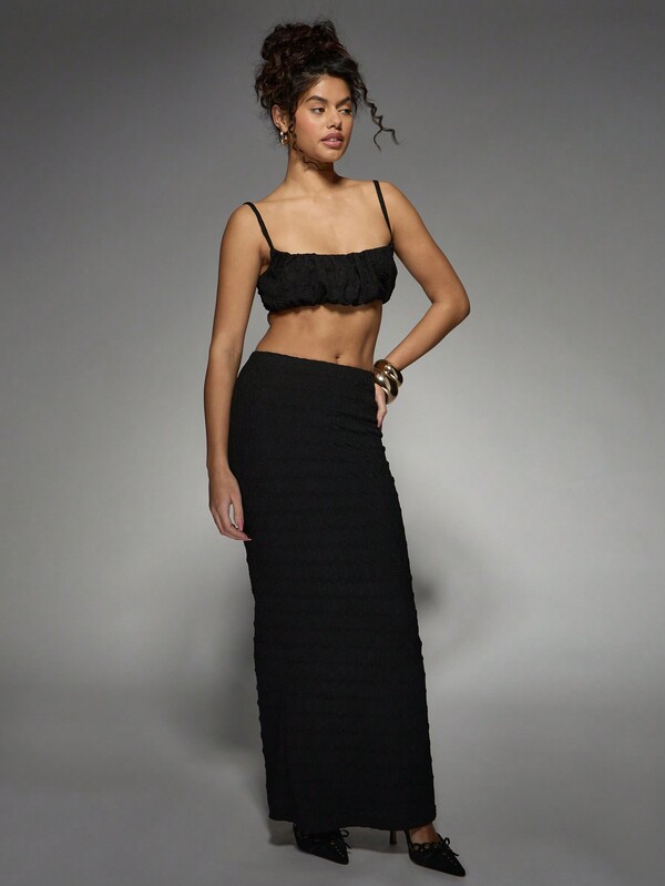 Missguided MISSGUIDED Ruched Bubble Texture Bralet Maxi Skirt Two-Piece Set
