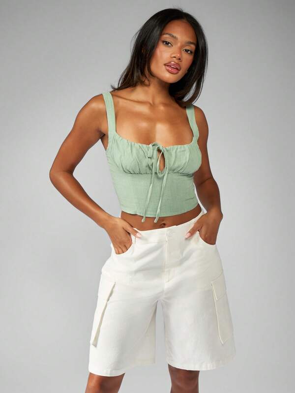missguided MISSGUIDED Ruched Bust Linen Bustier Corset Tank Top