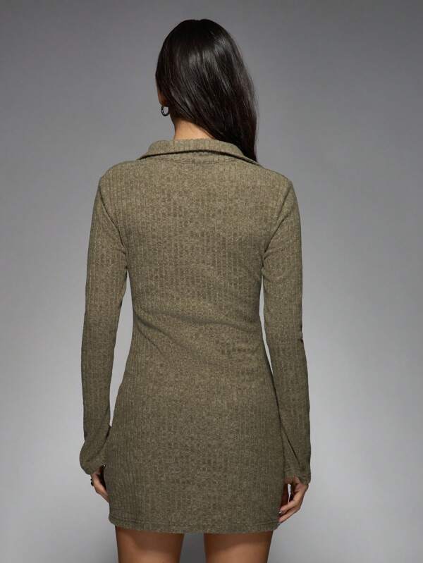 Missguided MISSGUIDED Ruched Button Down Mini Dress Long Sleeve Collared Irish-Themed Party Outfit St. Patrick's Day Celebration Ribbed Knit Fitted Evening Wear Lucky Charm Style