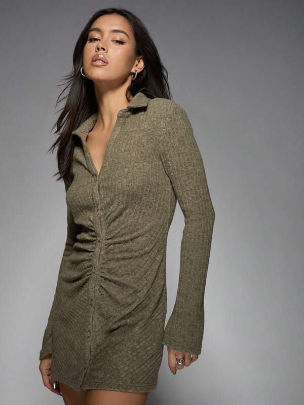 Missguided MISSGUIDED Ruched Button Down Mini Dress Long Sleeve Collared Irish-Themed Party Outfit St. Patrick's Day Celebration Ribbed Knit Fitted Evening Wear Lucky Charm Style