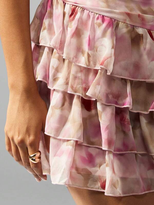 Missguided MISSGUIDED Ruched Chiffon Mini Dress With Tiered Skirt And Puff Sleeves