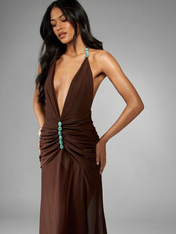 Missguided MISSGUIDED Ruched Chiffon Stone Detail Maxi Dress