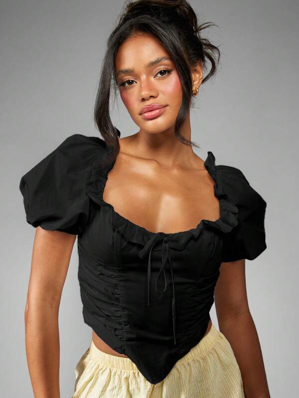 Missguided MISSGUIDED Ruched Corset Crop Top Puff Sleeve Cotton Blouse Women Top