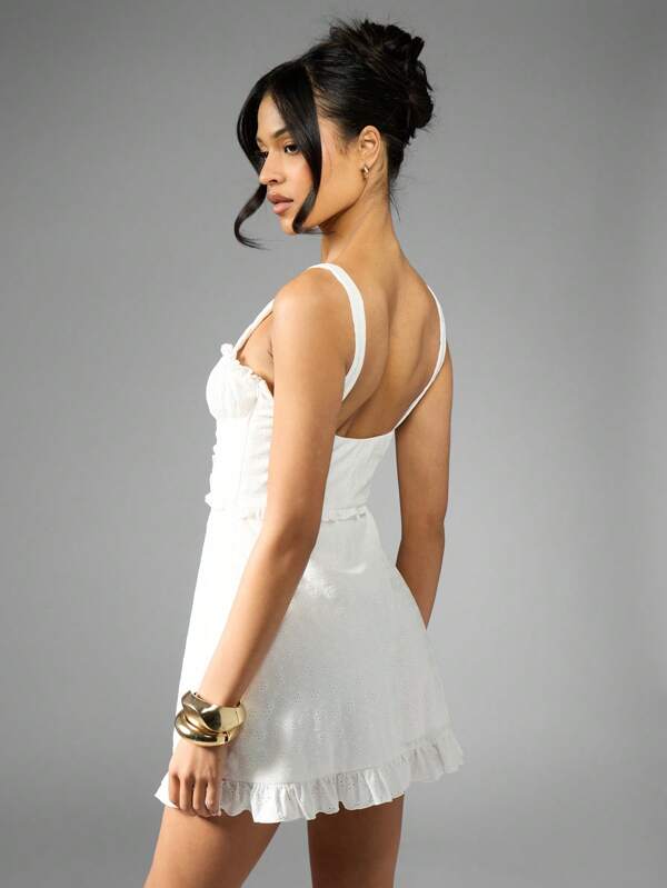Missguided MISSGUIDED Ruched Corset Style Eyelet Embroidery Ruffled Hem Mini Dress