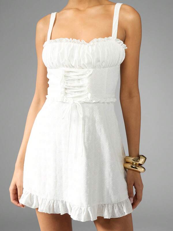 Missguided MISSGUIDED Ruched Corset Style Eyelet Embroidery Ruffled Hem Mini Dress