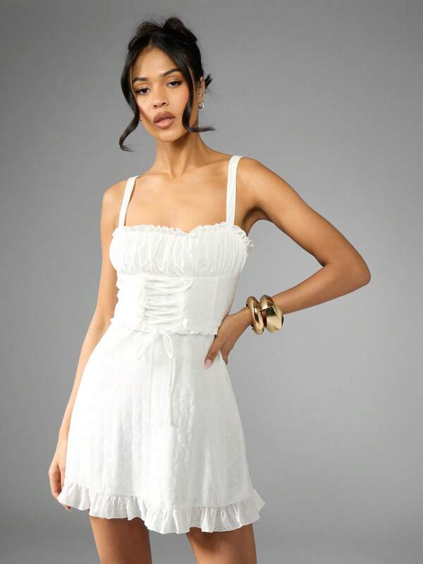 missguided MISSGUIDED Ruched Corset Style Eyelet Embroidery Ruffled Hem Mini Dress